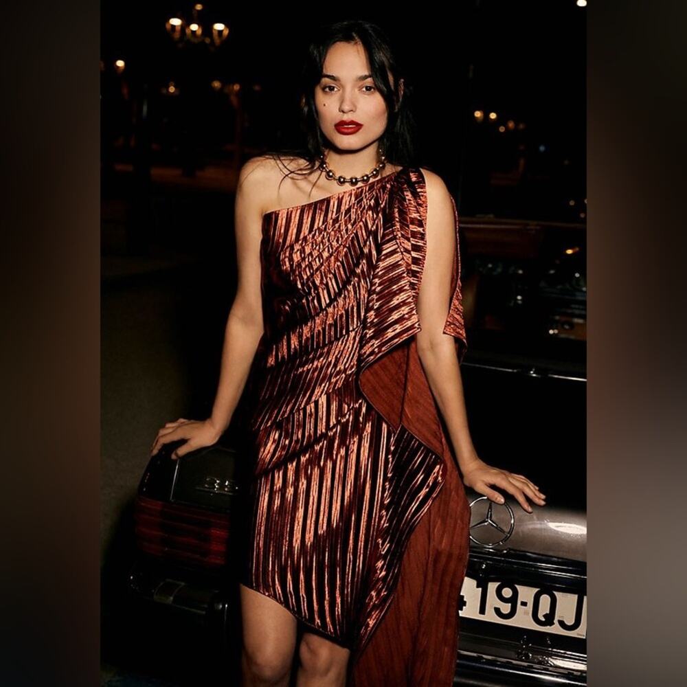 Anthropologie Guapa Pleated Satin One-Shoulder Mini Dress Bronze Size 6 New
